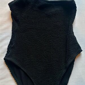 Black Textured One Shoulder Bodysuit